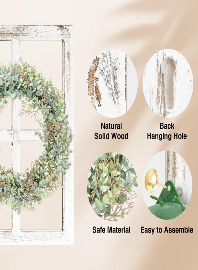WAKOSAN Rustic Wood Window Frame with Green Wreath and Arrows Wall Decor, Farmhouse Wooden Fake Window Decoration for Bedroom Living Room,Set of 2 (Large White) - Image 4
