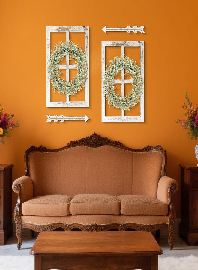 WAKOSAN Rustic Wood Window Frame with Green Wreath and Arrows Wall Decor, Farmhouse Wooden Fake Window Decoration for Bedroom Living Room,Set of 2 (Large White) - Image 5