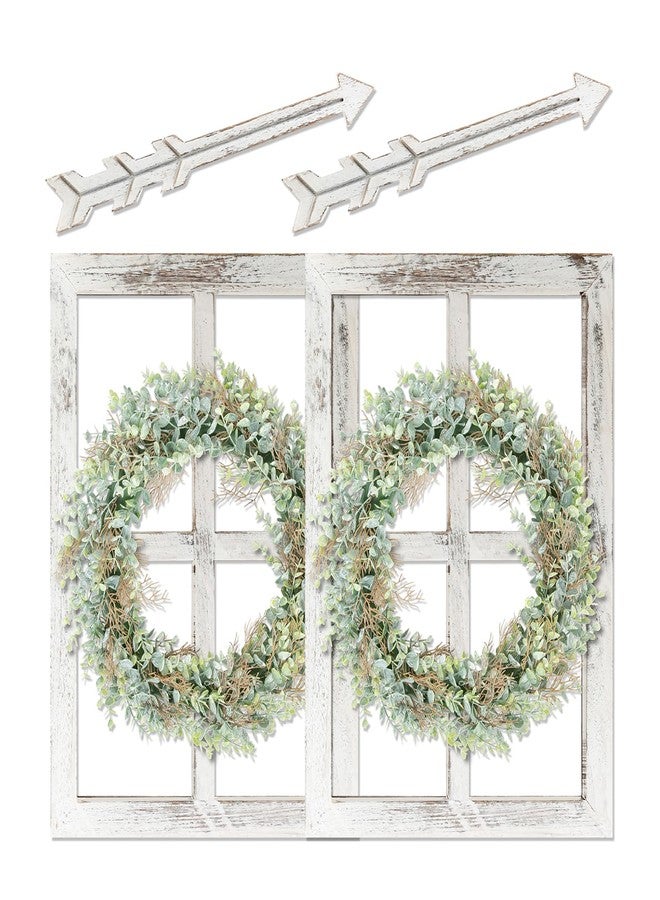 WAKOSAN Rustic Wood Window Frame with Green Wreath and Arrows Wall Decor, Farmhouse Wooden Fake Window Decoration for Bedroom Living Room,Set of 2 (Large White) - Image 1