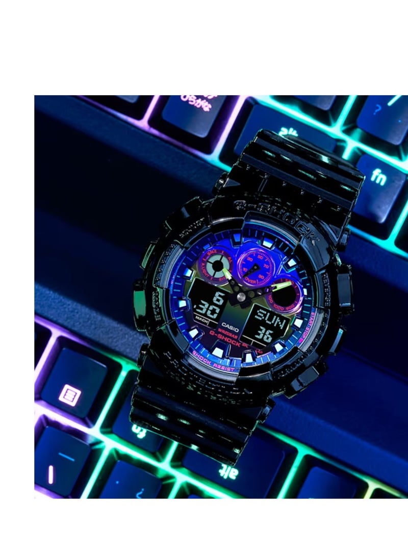 CASIO ساعة يد رجالية دائرية الشكل بسوار من الراتنج باللون الأسود اللامع، تناظرية ورقمية GA-100RGB-1ADR - Image 5