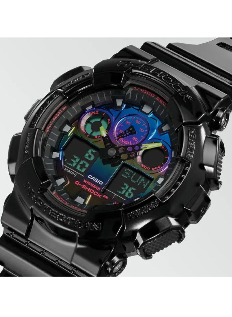 CASIO ساعة يد رجالية دائرية الشكل بسوار من الراتنج باللون الأسود اللامع، تناظرية ورقمية GA-100RGB-1ADR - Image 2