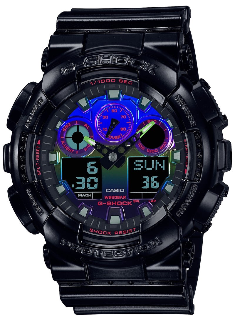 CASIO ساعة يد رجالية دائرية الشكل بسوار من الراتنج باللون الأسود اللامع، تناظرية ورقمية GA-100RGB-1ADR - Image 1