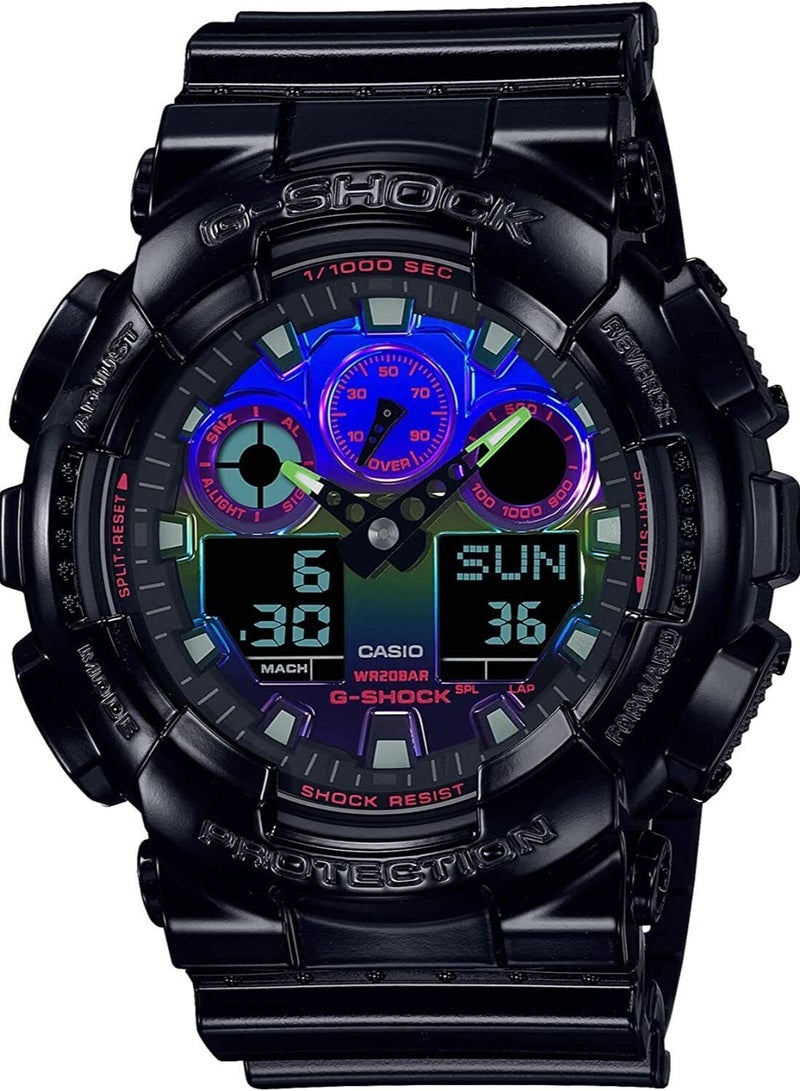 CASIO ساعة يد رجالية دائرية الشكل بسوار من الراتنج باللون الأسود اللامع، تناظرية ورقمية GA-100RGB-1ADR - Image 3