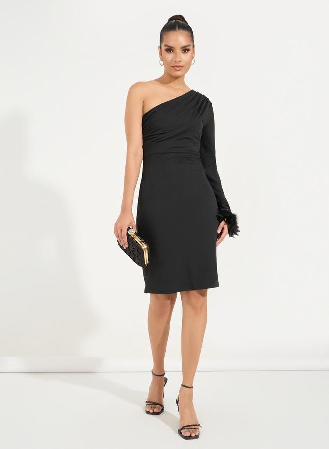 Styli Styli One Shoulder Sleeve Knee Length Dress with Faux Feather Detail  - Image 1