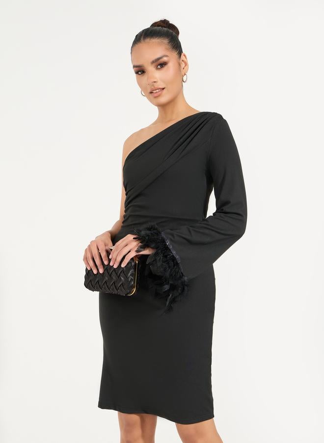 Styli Styli One Shoulder Sleeve Knee Length Dress with Faux Feather Detail  - Image 2