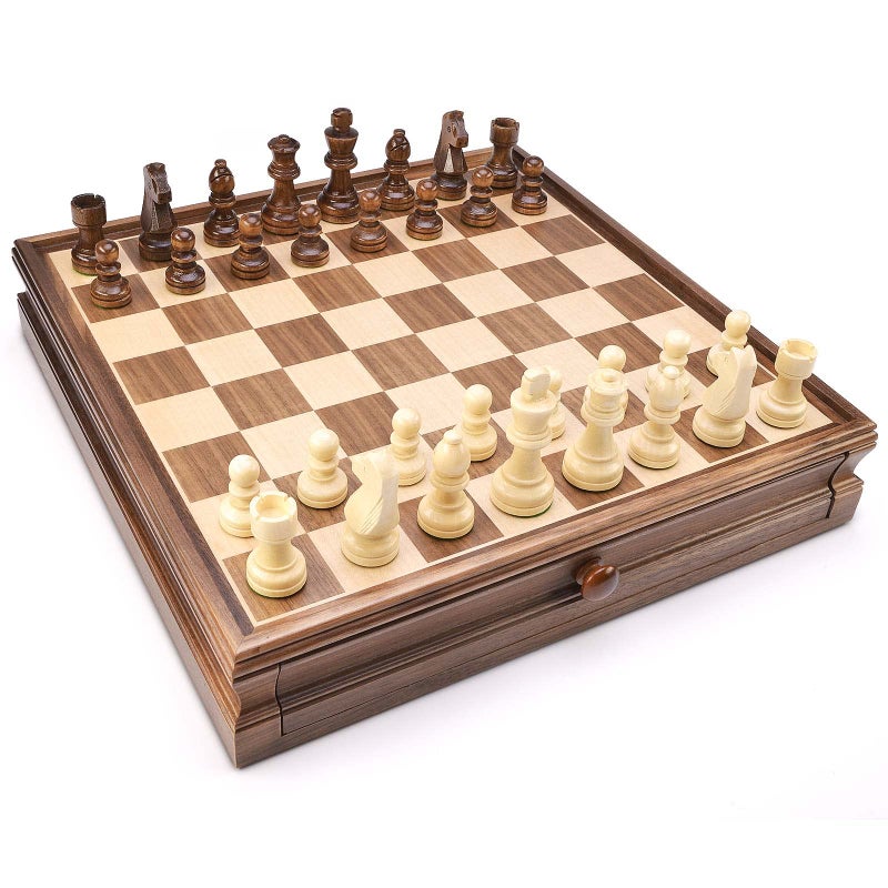 AMEROUS 15 x 15 Wooden Chess  Checkers Set with Builtin Storage DrawersWeighted Chess Pieces  2 Bonus Extra Queens  24 Cherkers PiecesClassic 2in1 Board Games for Kids Adults - Image 3