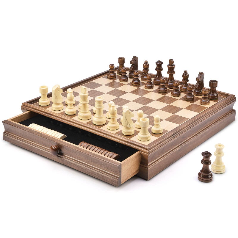 AMEROUS 15 x 15 Wooden Chess  Checkers Set with Builtin Storage DrawersWeighted Chess Pieces  2 Bonus Extra Queens  24 Cherkers PiecesClassic 2in1 Board Games for Kids Adults - Image 2
