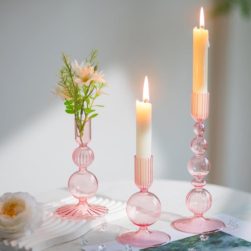 Hewory Glass Candlestick Holders Set 3PCS Pink Candle Holder Taper Candle Holders Bulk Crystal Ribbed Candle Sticks Holder Decor for Table Centerpiece Wedding Christmas Thanksgiving Dinner - Image 2