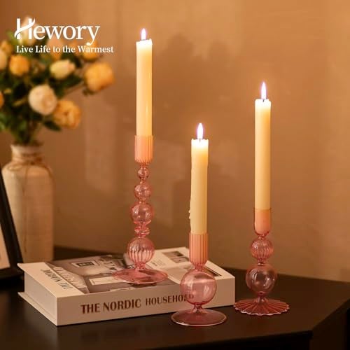 Hewory Glass Candlestick Holders Set 3PCS Pink Candle Holder Taper Candle Holders Bulk Crystal Ribbed Candle Sticks Holder Decor for Table Centerpiece Wedding Christmas Thanksgiving Dinner - Image 3