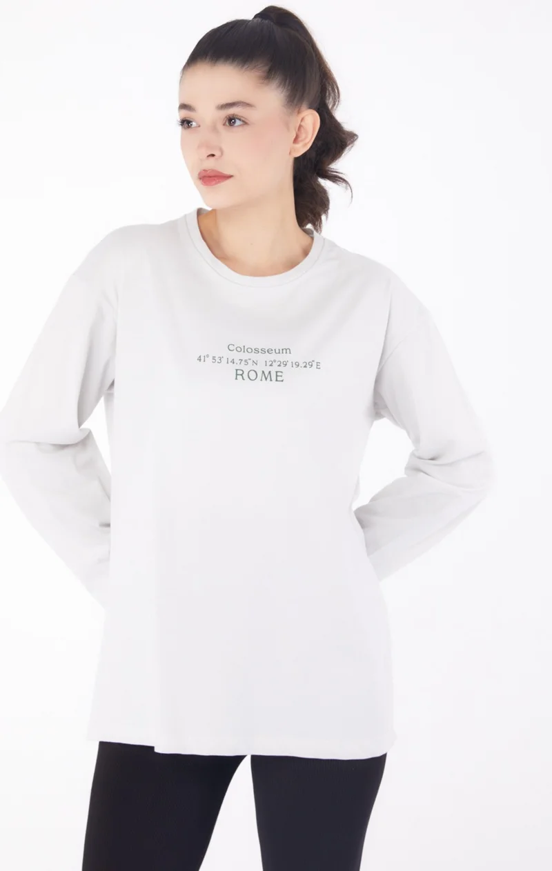 Tofisa Plain Crew Neck Women's White Printed Sweater - 26239