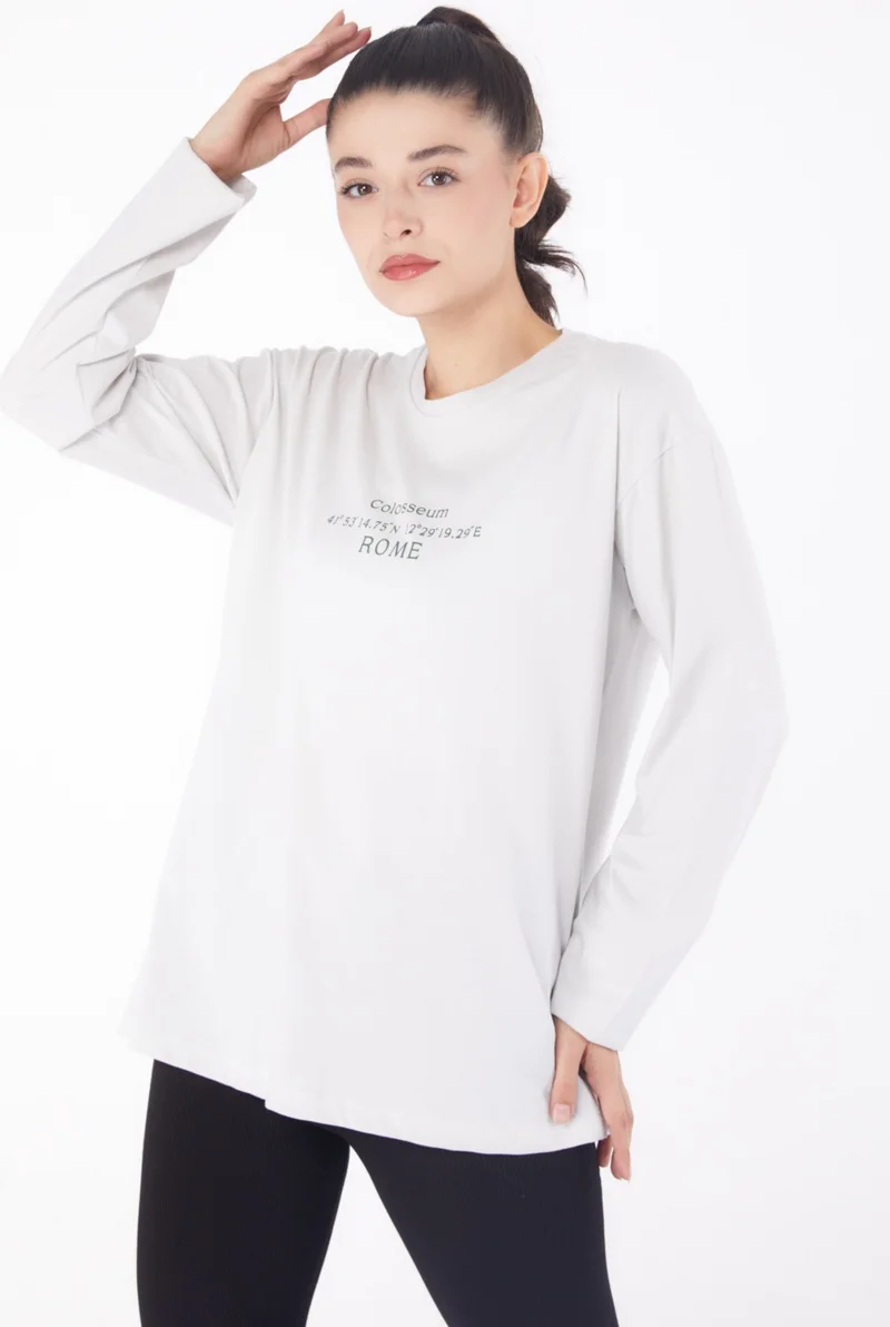Tofisa Plain Crew Neck Women's White Printed Sweater - 26239