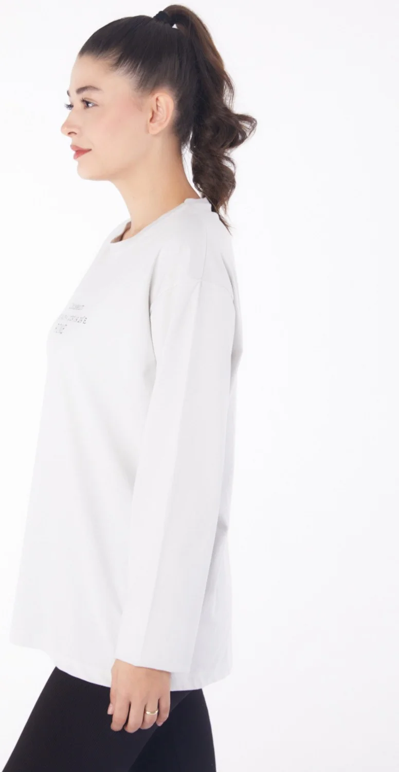 Tofisa Plain Crew Neck Women's White Printed Sweater - 26239