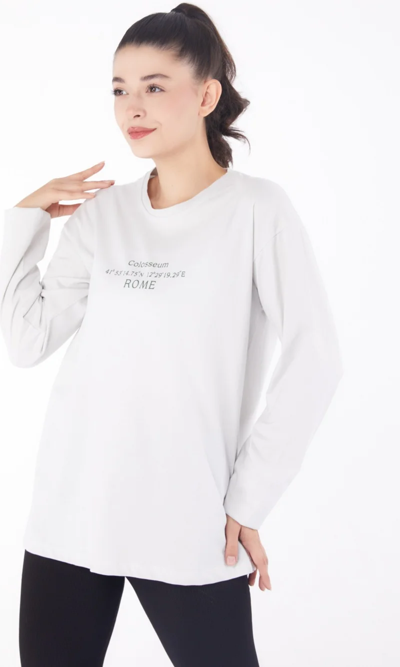Tofisa Plain Crew Neck Women's White Printed Sweater - 26239