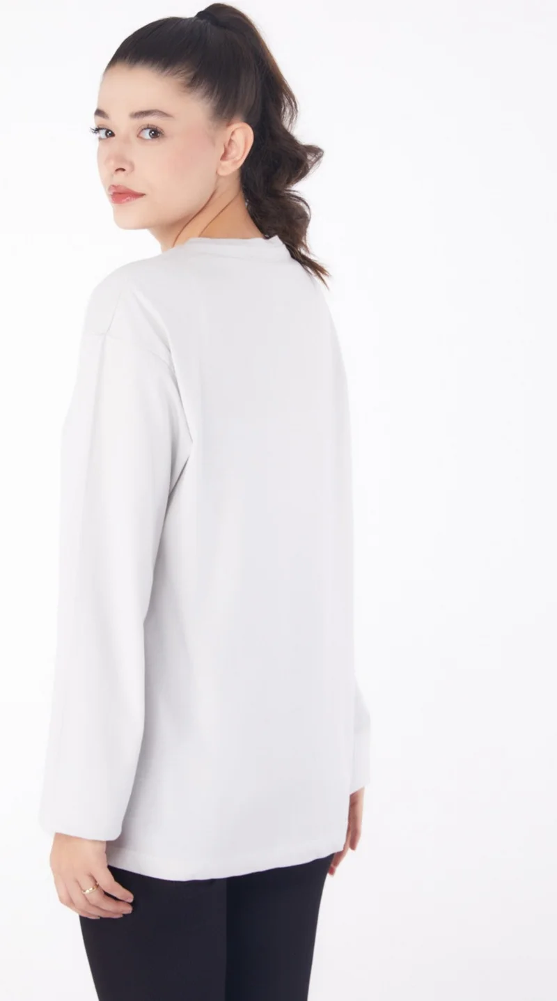Tofisa Plain Crew Neck Women's White Printed Sweater - 26239