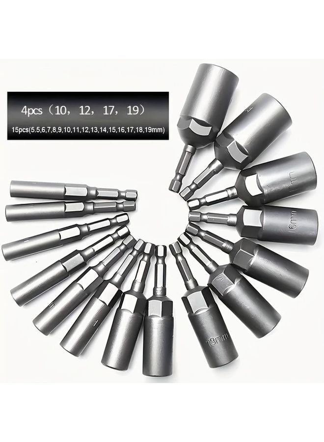 15 قطعة مجموعة مأخذ تأثير 1/4 بوصة مع محول مثقاب مفتاح سداسي 5.5-19 ملم - Image 2
