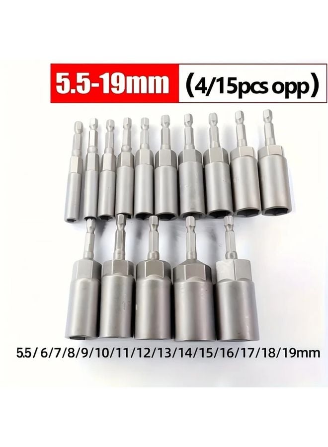 15 قطعة مجموعة مأخذ تأثير 1/4 بوصة مع محول مثقاب مفتاح سداسي 5.5-19 ملم - Image 3