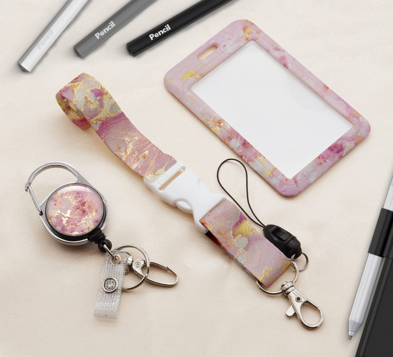 Boutilon ID Badge Holder with Lanyard,Retractable ID Badge Card Holders Detachable Neck Lanyard Strap with Badge Reel and Vertical ID Holder for Nurse Students Teachers Office Staff(Marble Golden Red) - Image 2