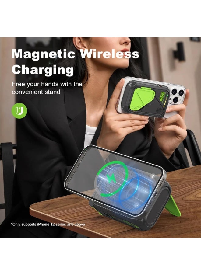 Generic Magnetic 10000mAh Power Bank USB C With Foldable Wall Plug Type C Portable Chargers Mag safe Battery Pack for iPhone Wireless Charger 22.5W Fast Charging TypeC to 20W Light*ing BuiltIn Cable USBA(Black and Green)  - Image 4