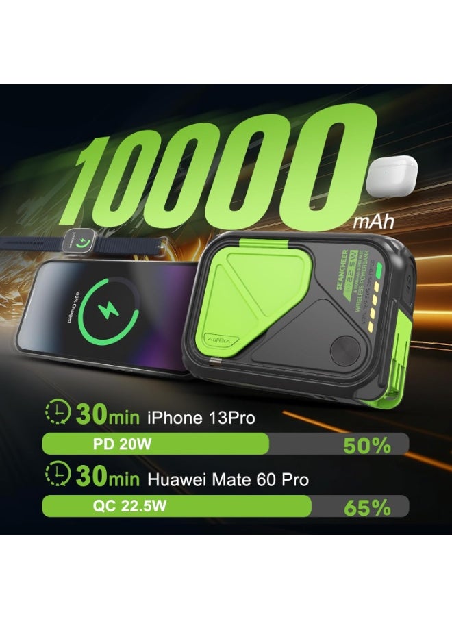 Generic Magnetic 10000mAh Power Bank USB C With Foldable Wall Plug Type C Portable Chargers Mag safe Battery Pack for iPhone Wireless Charger 22.5W Fast Charging TypeC to 20W Light*ing BuiltIn Cable USBA(Black and Green)  - Image 2