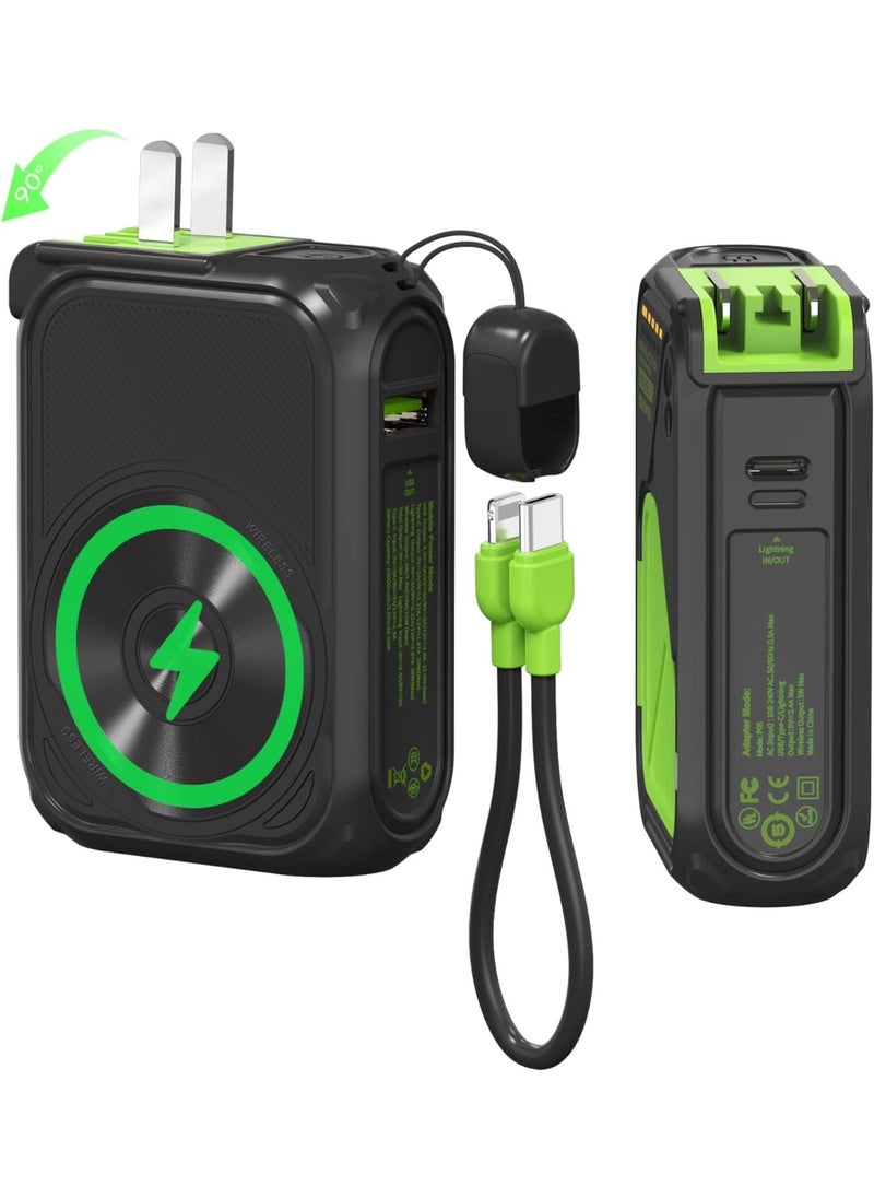 Generic Magnetic 10000mAh Power Bank USB C With Foldable Wall Plug Type C Portable Chargers Mag safe Battery Pack for iPhone Wireless Charger 22.5W Fast Charging TypeC to 20W Light*ing BuiltIn Cable USBA(Black and Green)  - Image 1