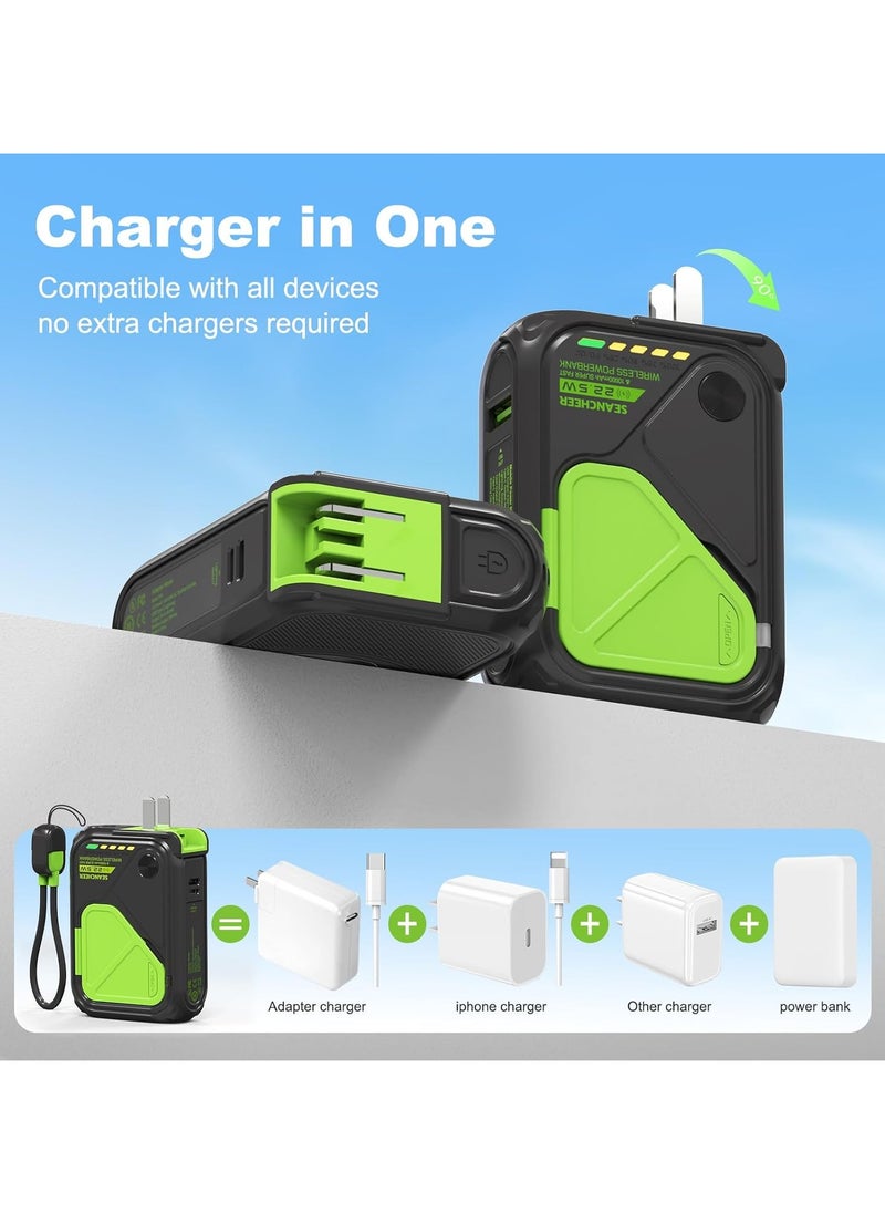 Generic Magnetic 10000mAh Power Bank USB C With Foldable Wall Plug Type C Portable Chargers Mag safe Battery Pack for iPhone Wireless Charger 22.5W Fast Charging TypeC to 20W Light*ing BuiltIn Cable USBA(Black and Green)  - Image 3