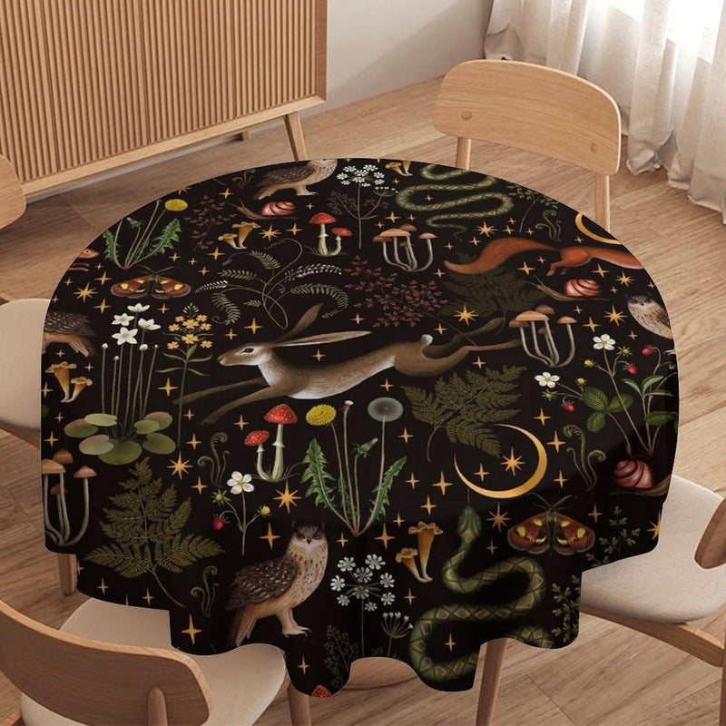 JanJCurt Rustic Forest Tablecloth Fairy Tale Forest Woodland Wild Animals Moths Flowers Moon Star Table Cover for Home Kitchen Dining Table Party Camping Decor 50x50in  - Image 1