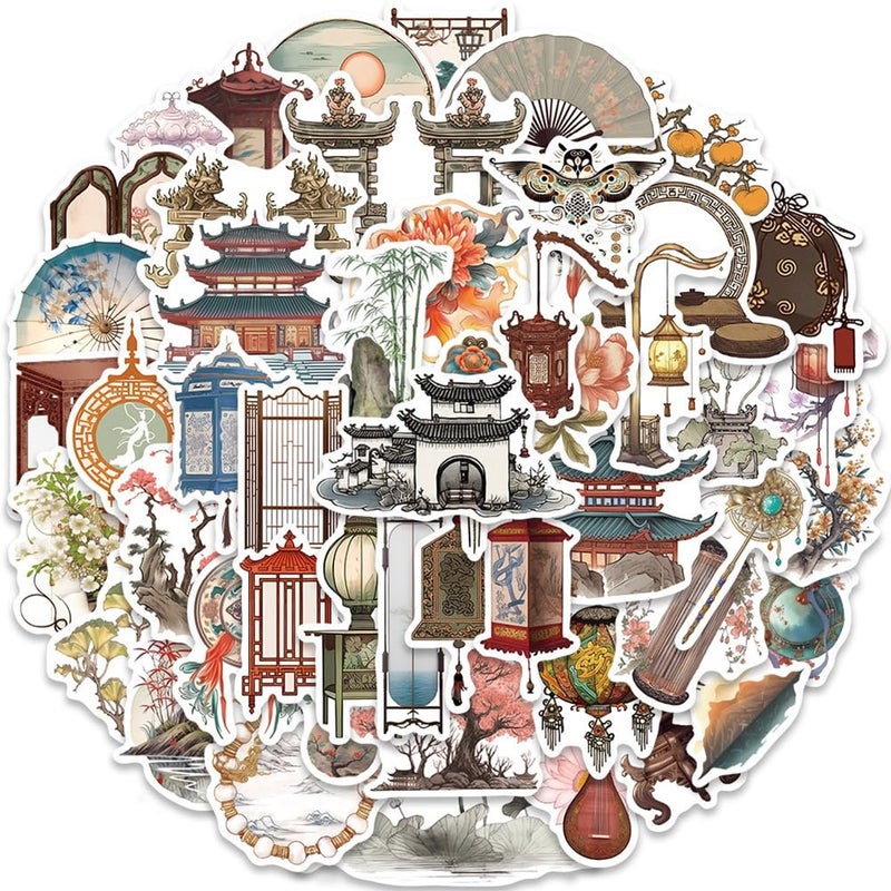 FUNWING Ancient Chinese Culture Stickers |50Pcs Traditional Chinese Architectural Art Waterproof Vinyl Decals for Water Bottles Laptop Bicycle Computer Mobile Phone Skateboard Decor - Image 2