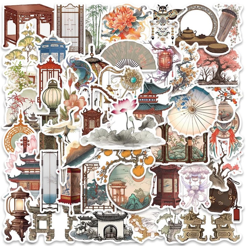 FUNWING Ancient Chinese Culture Stickers |50Pcs Traditional Chinese Architectural Art Waterproof Vinyl Decals for Water Bottles Laptop Bicycle Computer Mobile Phone Skateboard Decor - Image 1