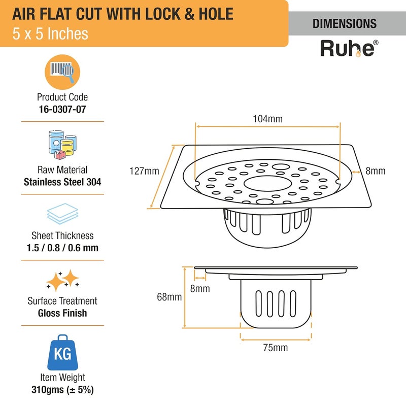 Ruhe® Air Flat Cut Square Floor Drain | 304-Grade Stainless Steel Floor Trap | 5 x 5 inches | Floor Drain with Cockroach Trap/Jali, Lock & Hole - Image 2