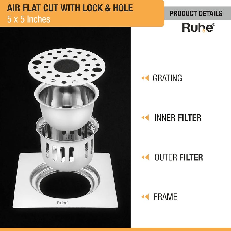 Ruhe® Air Flat Cut Square Floor Drain | 304-Grade Stainless Steel Floor Trap | 5 x 5 inches | Floor Drain with Cockroach Trap/Jali, Lock & Hole - Image 4