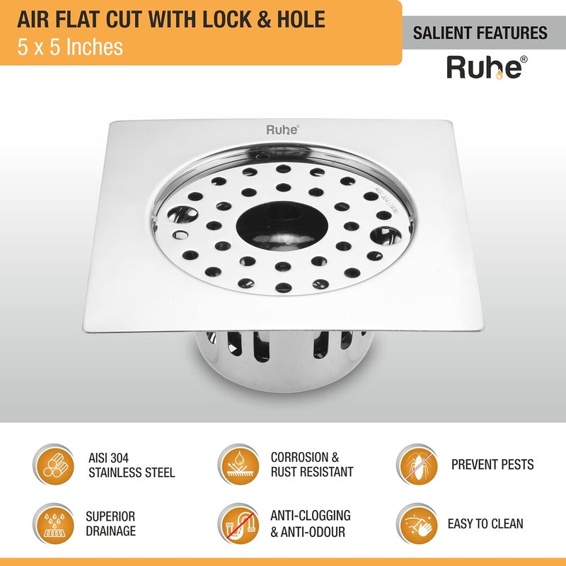 Ruhe® Air Flat Cut Square Floor Drain | 304-Grade Stainless Steel Floor Trap | 5 x 5 inches | Floor Drain with Cockroach Trap/Jali, Lock & Hole - Image 3