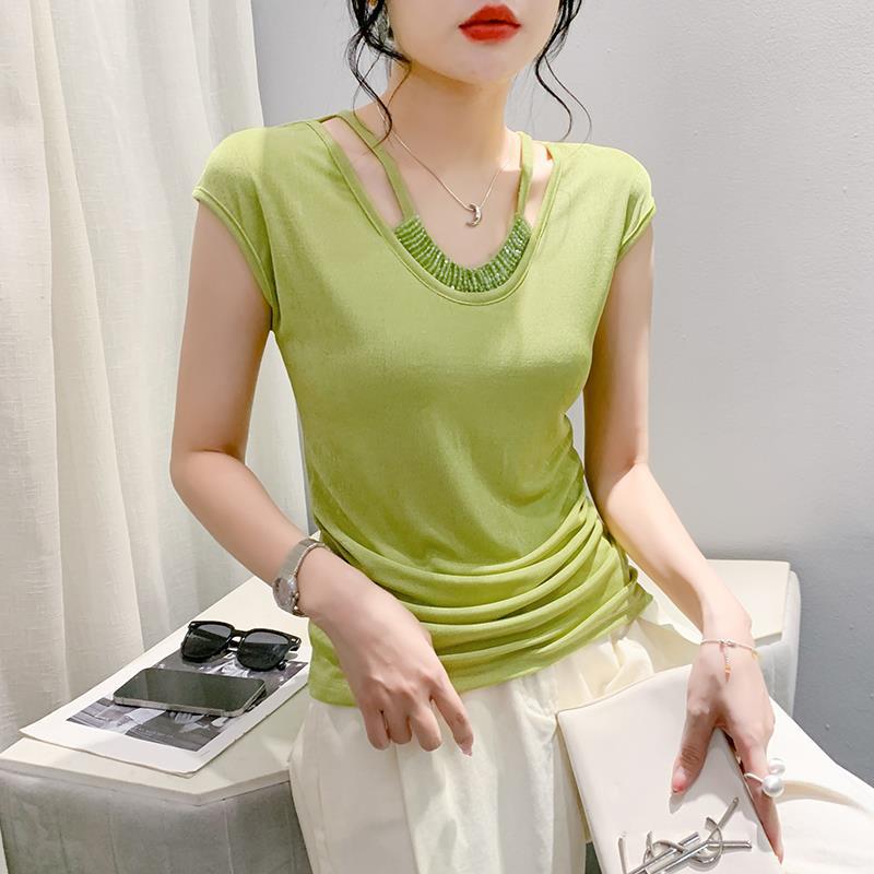 European Spring Round Neck Fashion Slim Fit Pleated Handmade Beaded Sleeveless T-Shirt Women'S Trendy Hair - Image 1