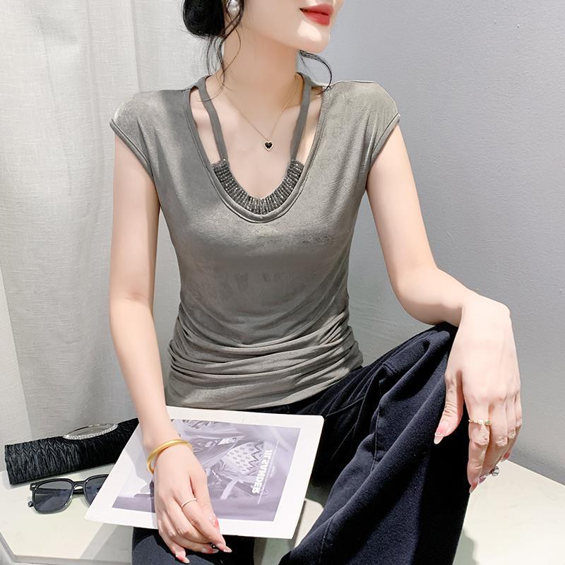 European Spring Round Neck Fashion Slim Fit Pleated Handmade Beaded Sleeveless T-Shirt Women'S Trendy Hair - Image 4