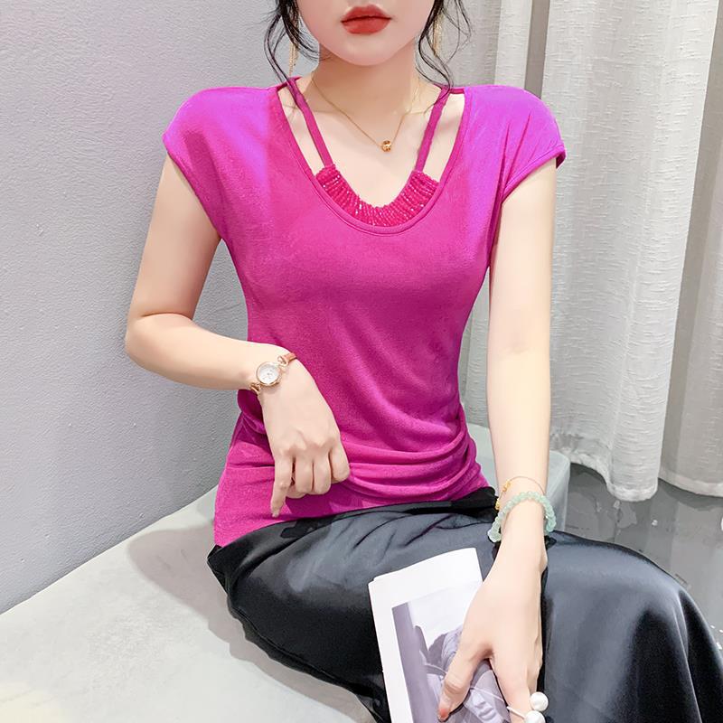European Spring Round Neck Fashion Slim Fit Pleated Handmade Beaded Sleeveless T-Shirt Women'S Trendy Hair - Image 3