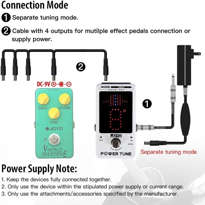 JOYO Power Supply Tuner Pedal with Isolated 8-Channel (2 at 500mA, 6 at 100mA) Low Noise DC 9V Output - True Bypass (Power Tune JF-18R) - Image 5