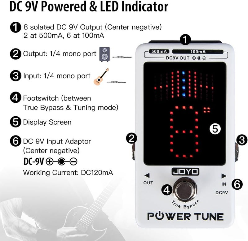 JOYO Power Supply Tuner Pedal with Isolated 8-Channel (2 at 500mA, 6 at 100mA) Low Noise DC 9V Output - True Bypass (Power Tune JF-18R) - Image 3