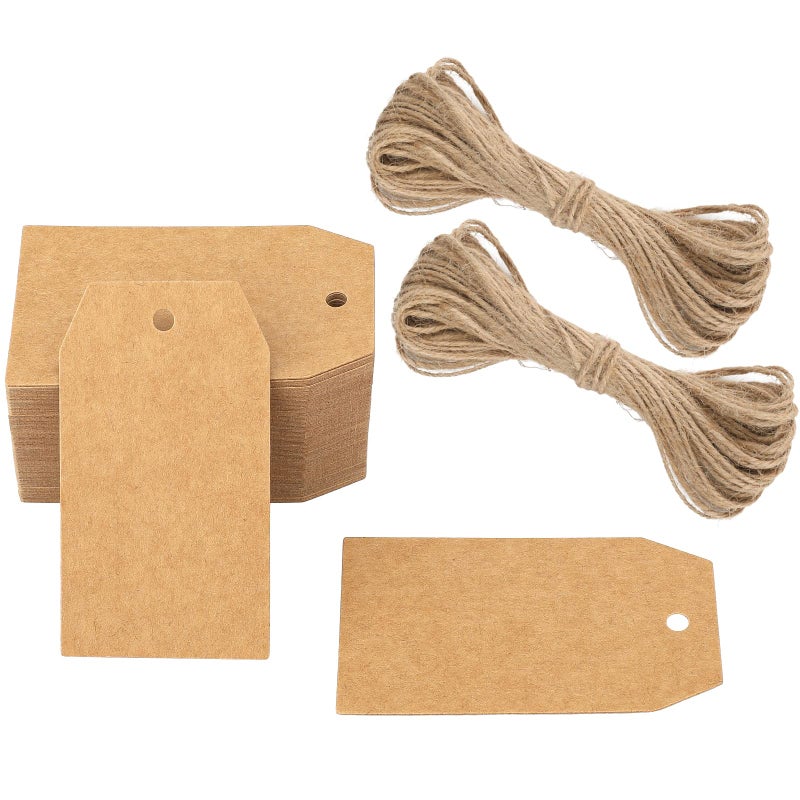 G2PLUS Price Tags 100PCS Kraft Paper Gift Tags with String 28x16in Blank Paper Hang Tag Brown Rectangle Present Name Label Tag for Gift Wrapping DIY Arts Crafts Garage Sales Christmas