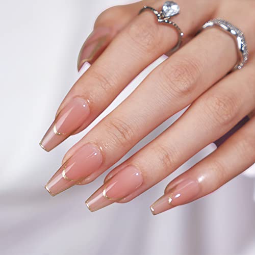 BTArtbox Press on Nails Long - Rose Gold Outline Designed French Tip Press on Nails, Coffin Glue On Nails, Reusable Soft Gel Stick On Nails with Nail Glue in 16 Sizes, Gilded French - Image 1
