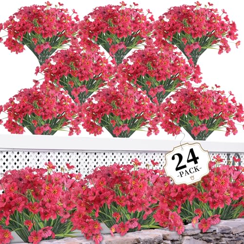 ColoPlay 24 Rose Red Bundles Artificial Flowers for Outdoors/Indoors Fake Flowers Plants for Indoor Outside Garden Porch Window Box Home Wedding Farmhouse - Image 1