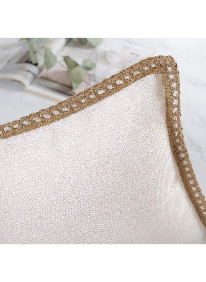 Phantoscope Phantoscope Pack of 2 Farmhouse Modern Spring Decorative Throw Pillow Covers Burlap Linen Trimmed Outdoor Pillows Tailored Edges Off White 18 x 18 inches 45 x 45 cm  - Image 3