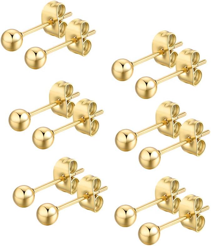 FOSIR 6 Pair Tiny Women 14K Gold Plated Ball Stud Earrings Surgical Stainless Steel Earrings Set, 2-6MM - Image 1
