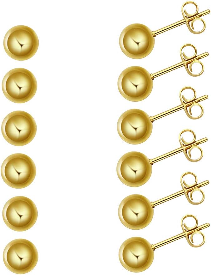 FOSIR 6 Pair Tiny Women 14K Gold Plated Ball Stud Earrings Surgical Stainless Steel Earrings Set, 2-6MM - Image 2