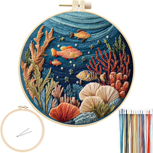 FONNUY Underwater World Embroidery Kit Cross Stitch Coral Reefs Kits for Beginners Handmade Crafts with Printed Patterns for Beginner Adults Color Thread Needlework 8 Hoop Sea World 2 - Image 1