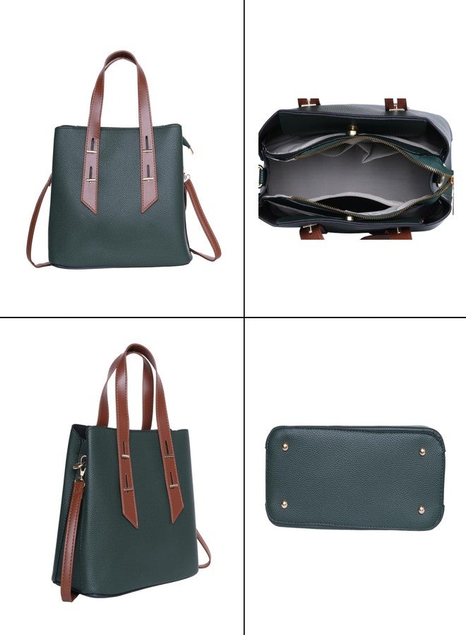 SANTORINI Grace satchel handbags for women | Medium Sized with 3 Compartment and Detachable Strap, Faux Leather hand bags for women stylish | bags for woman. (Green) - Image 3
