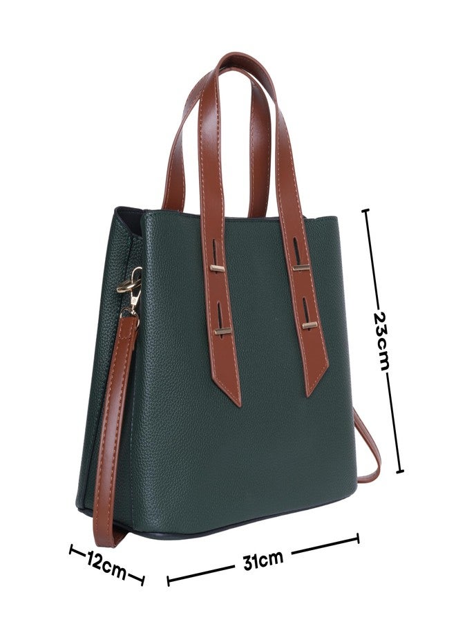 SANTORINI Grace satchel handbags for women | Medium Sized with 3 Compartment and Detachable Strap, Faux Leather hand bags for women stylish | bags for woman. (Green) - Image 2
