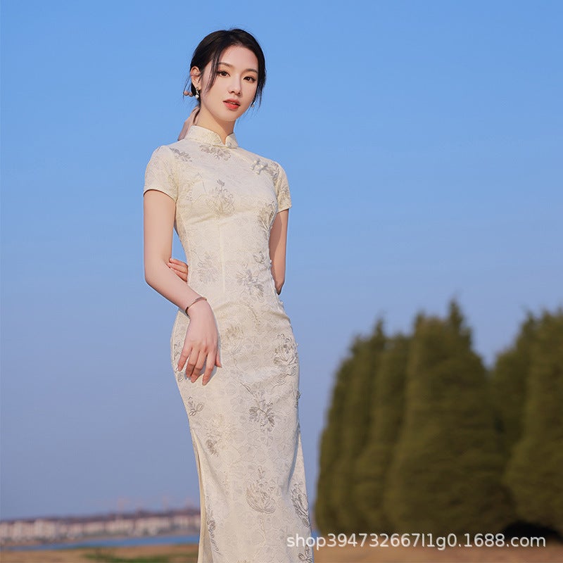 Improved Cheongsam 2024 New Girls Republic of China Style Retro Elegant Fashion Young Simple and Elegant Lace Summer beige white 