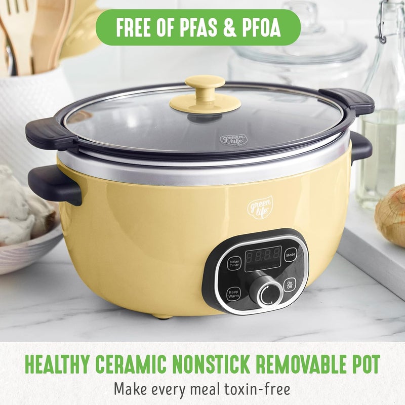 GreenLife طباخ بطيء سيراميك 6 كوارت من جرين لايف خالي من PFAS قابل للبرمجة وعاء غير لاصق قابل للإزالة لوجبات العائلة تحمير على الموقد إبقاء دافئ مؤقت رقمي آمن في غسالة الصحون غطاء زجاجي أصفر - Image 2