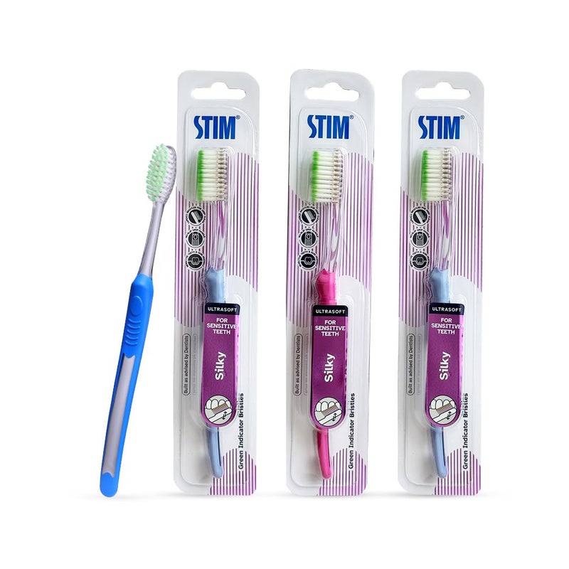 STIM Silky | Ultra soft toothbrush | Extra gentle bristles | Cleans along the gum line | Cleans till 3rd Molar - Pack of 3 - Image 1