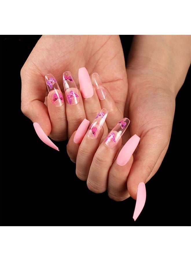 Aimimier 24Pcs Ballerina False Nails with Design Pink Butterfly Coffin Nails with Gluetabs Gradient Fingernails for Women and Girls (Style 3) - Image 1