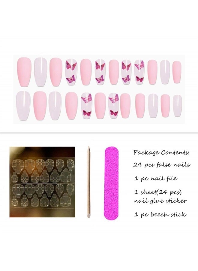 Aimimier 24Pcs Ballerina False Nails with Design Pink Butterfly Coffin Nails with Gluetabs Gradient Fingernails for Women and Girls (Style 3) - Image 4